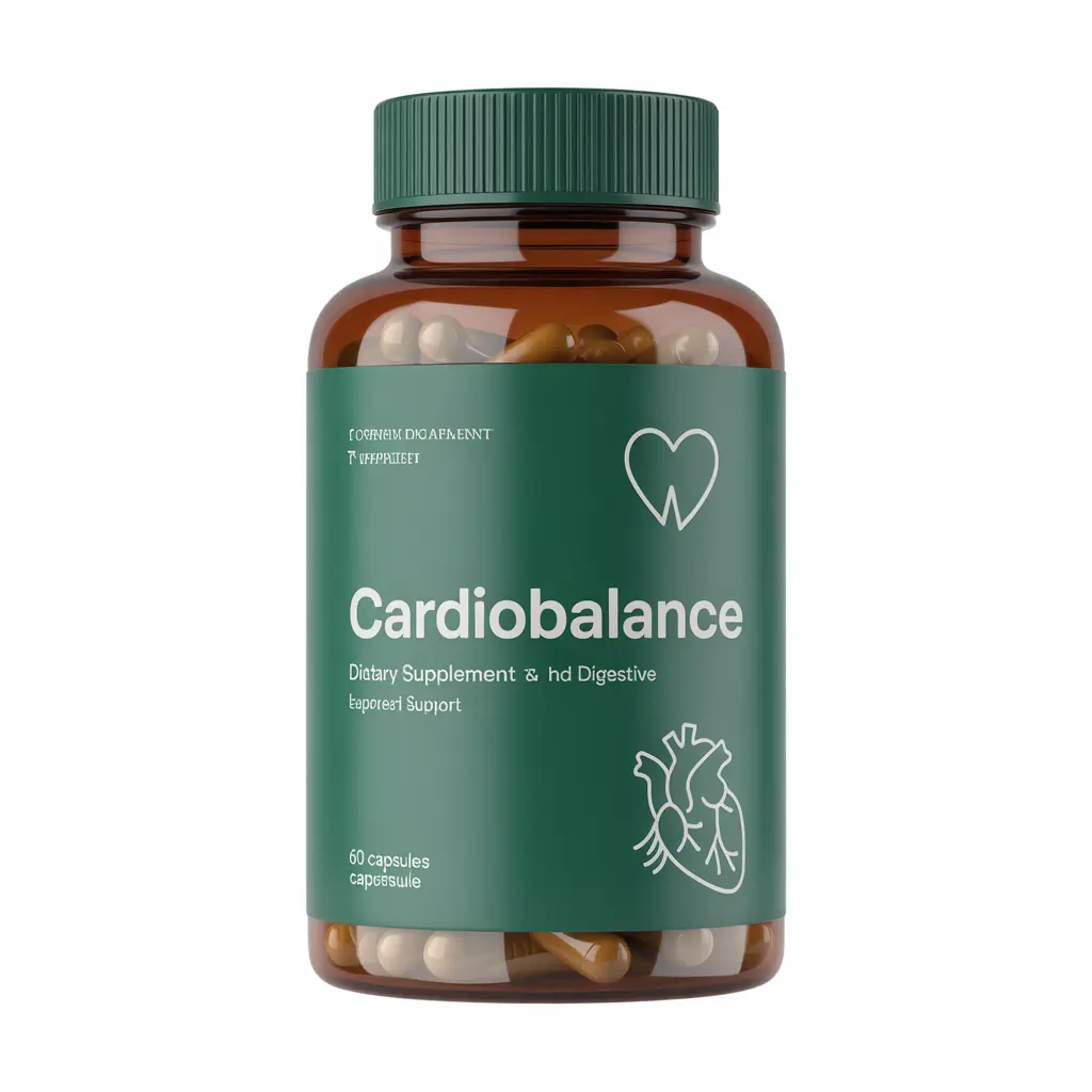 CardioBalance dietary supplement bottle containing 60 capsules for heart and digestive support